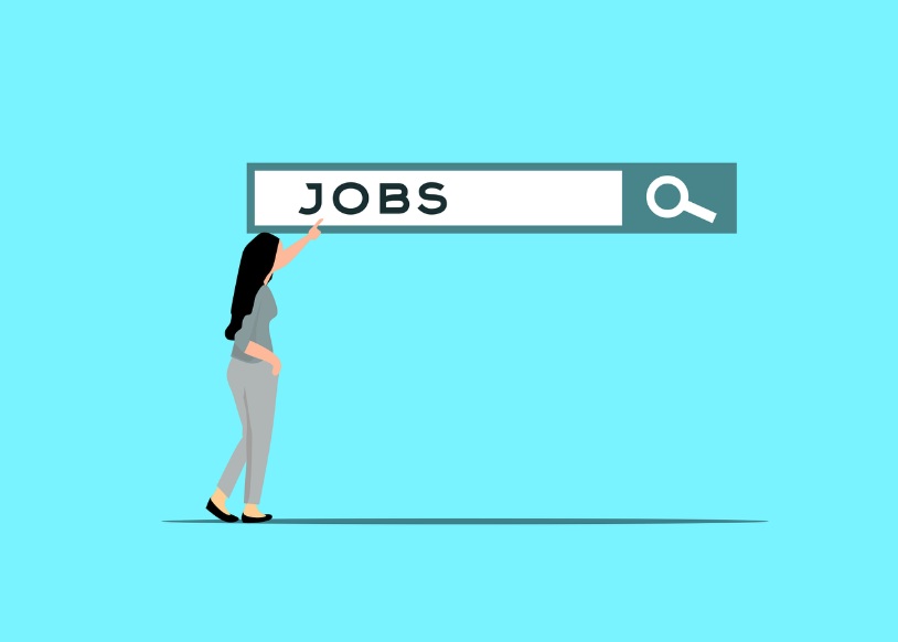 JOBS 글자가 적힌 팻말을 들고 있는 구직자 일러스트
