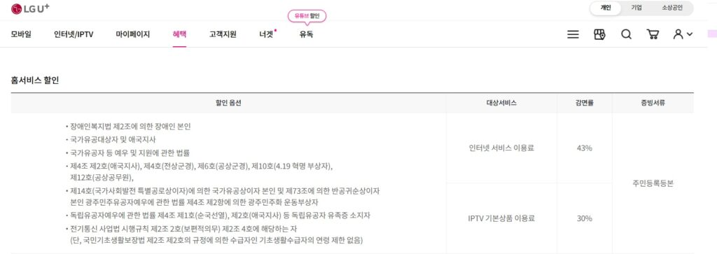실전 가이드를 위한 U+홈페이지 내의 메뉴 이미지